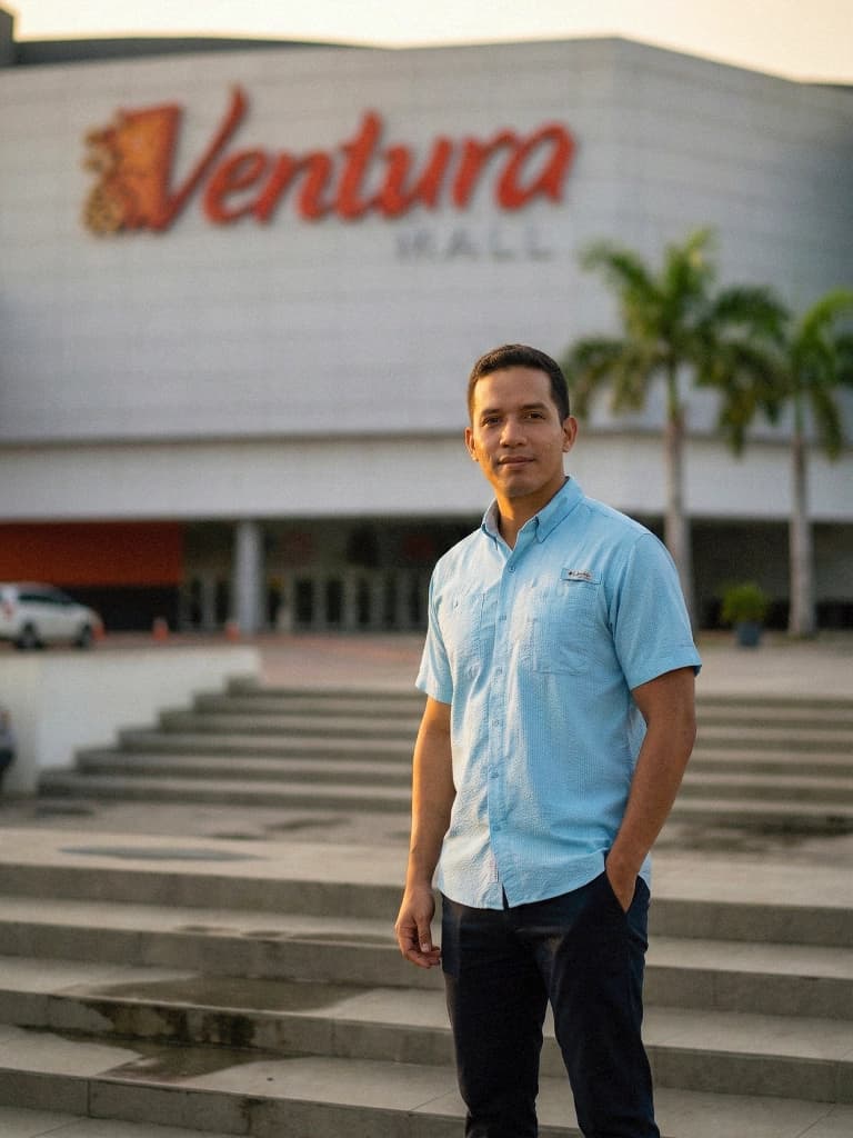 Hombre vistiendo ropa casual premium frente a mall moderno en Santa Cruz